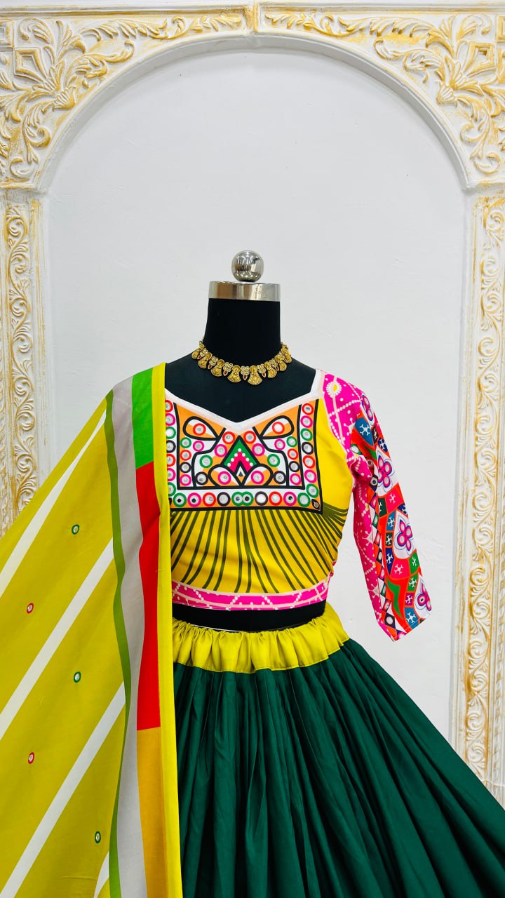 Pink Green Digital Print Real Mirror Work Navratri Lehenga Choli