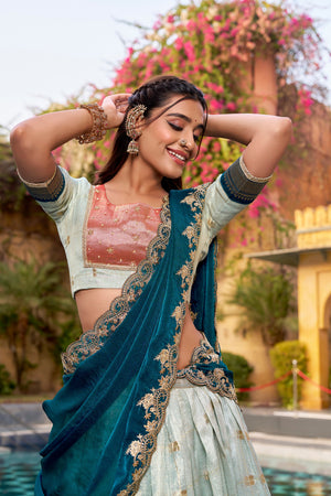 Teal embroidered dupatta lehenga choli for wedding