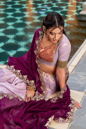 Wine dupatta with embroidered scalloped border lehenga