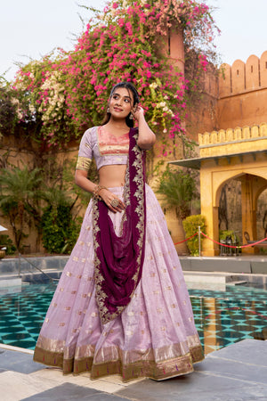 Lilac slub Kota lehenga choli with zari weaving