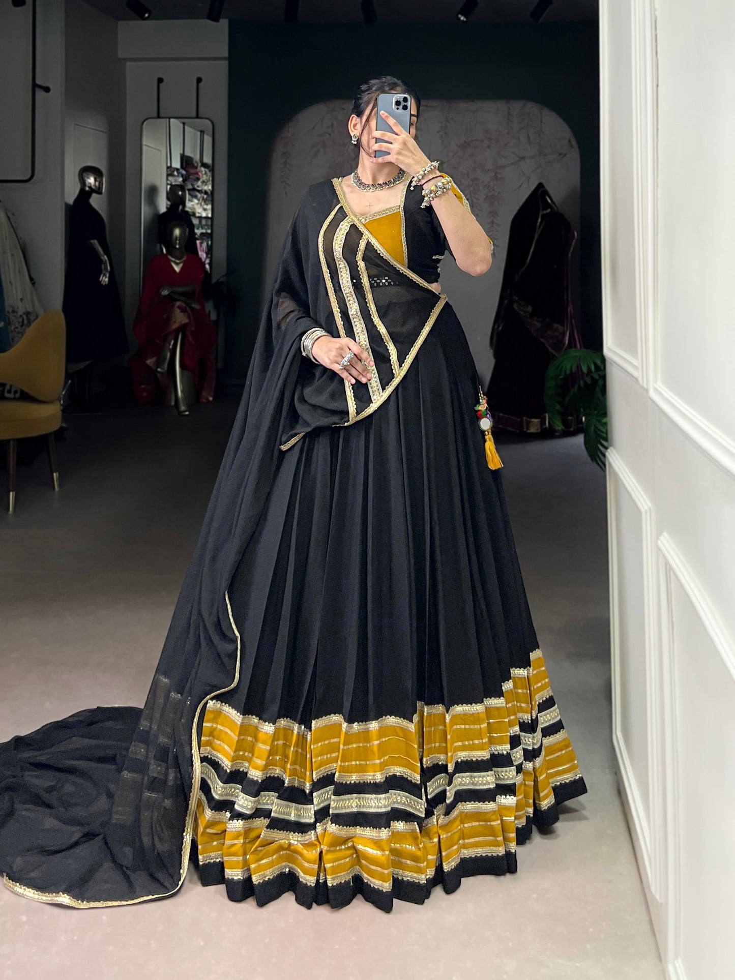 Black Pure Sequins Lace With Gota Patti Lace Work Navratri Lehenga Choli