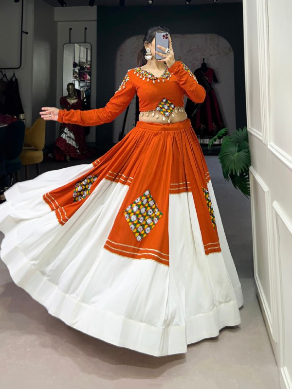 Orange Pure Rayon Gamthi Patch Work With Gota Patti Work Navratri Lehenga Choli