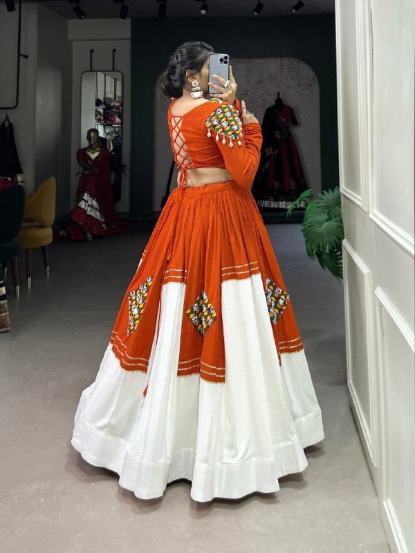 Orange Pure Rayon Gamthi Patch Work With Gota Patti Work Navratri Lehenga Choli