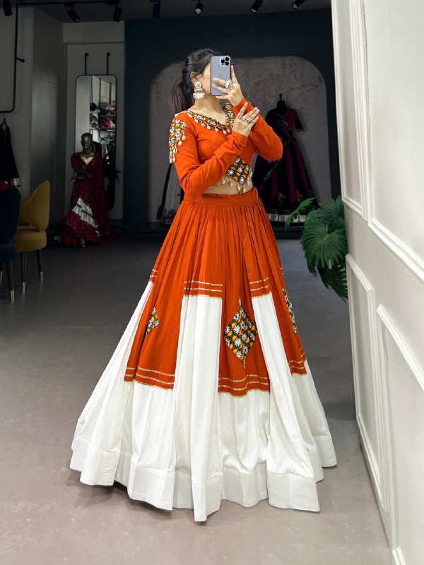 Orange Pure Rayon Gamthi Patch Work With Gota Patti Work Navratri Lehenga Choli