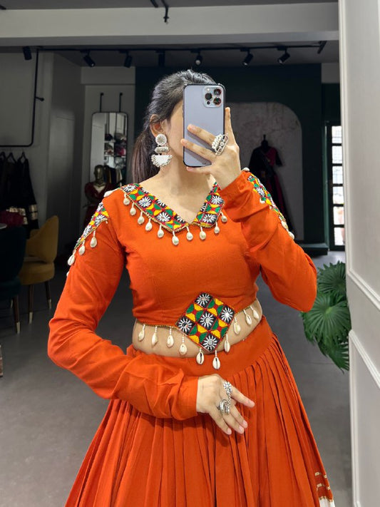 Orange Pure Rayon Gamthi Patch Work With Gota Patti Work Navratri Lehenga Choli