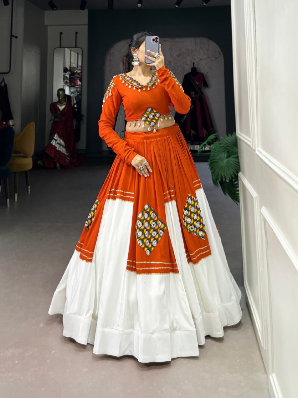 Orange Pure Rayon Gamthi Patch Work With Gota Patti Work Navratri Lehenga Choli