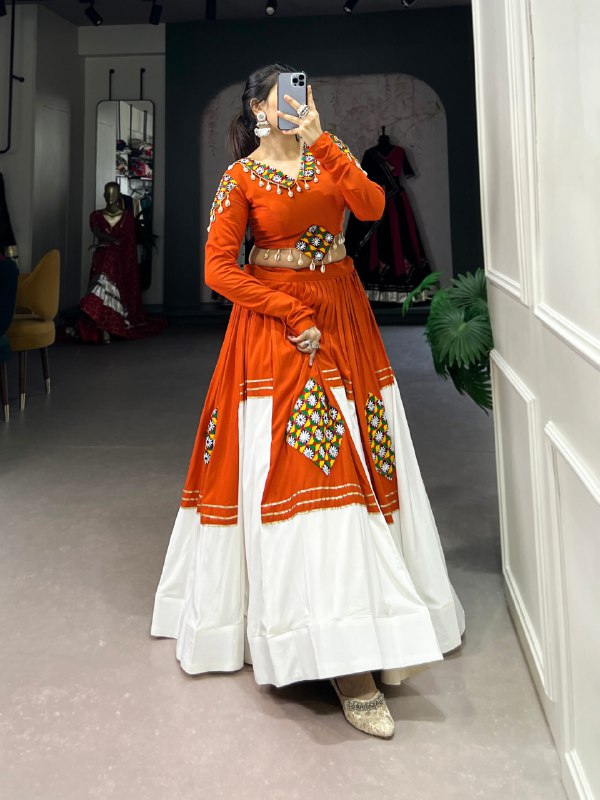 Orange Pure Rayon Gamthi Patch Work With Gota Patti Work Navratri Lehenga Choli