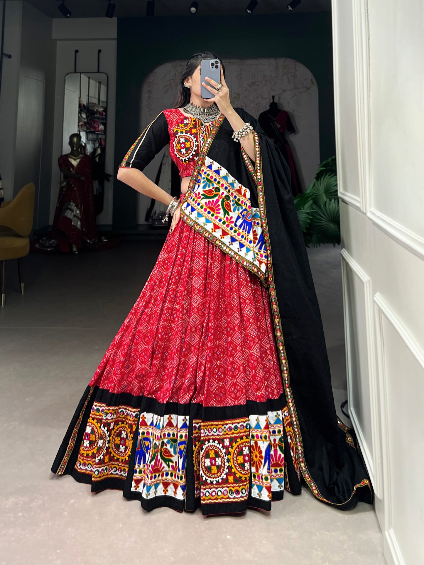 Red Pure Printed And Gamthi Work With Mirror Work Navratri Lehenga Choli