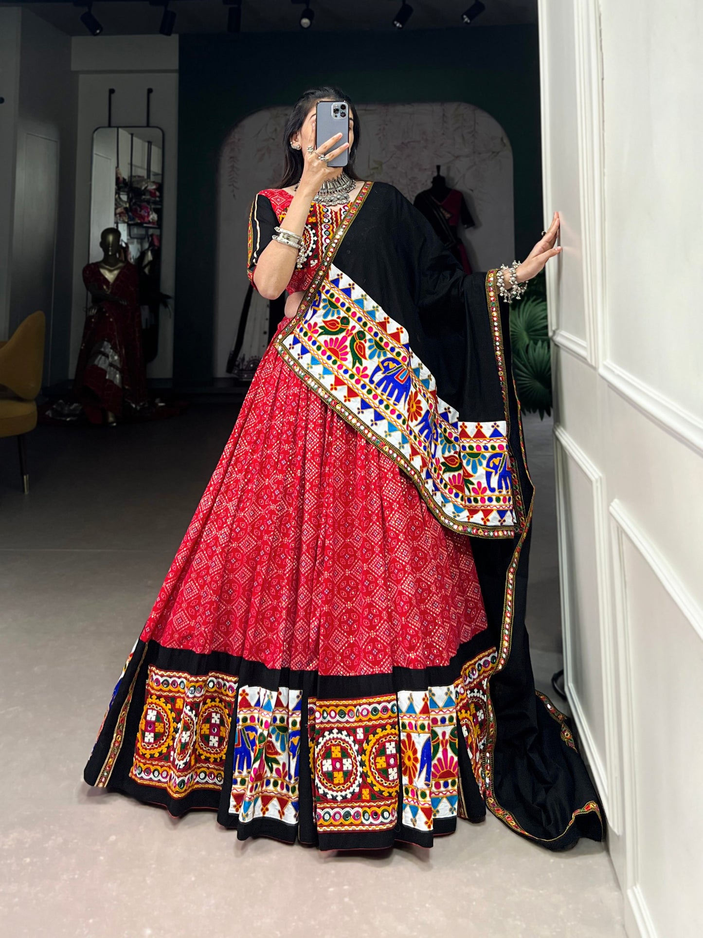 Red Pure Printed And Gamthi Work With Mirror Work Navratri Lehenga Choli