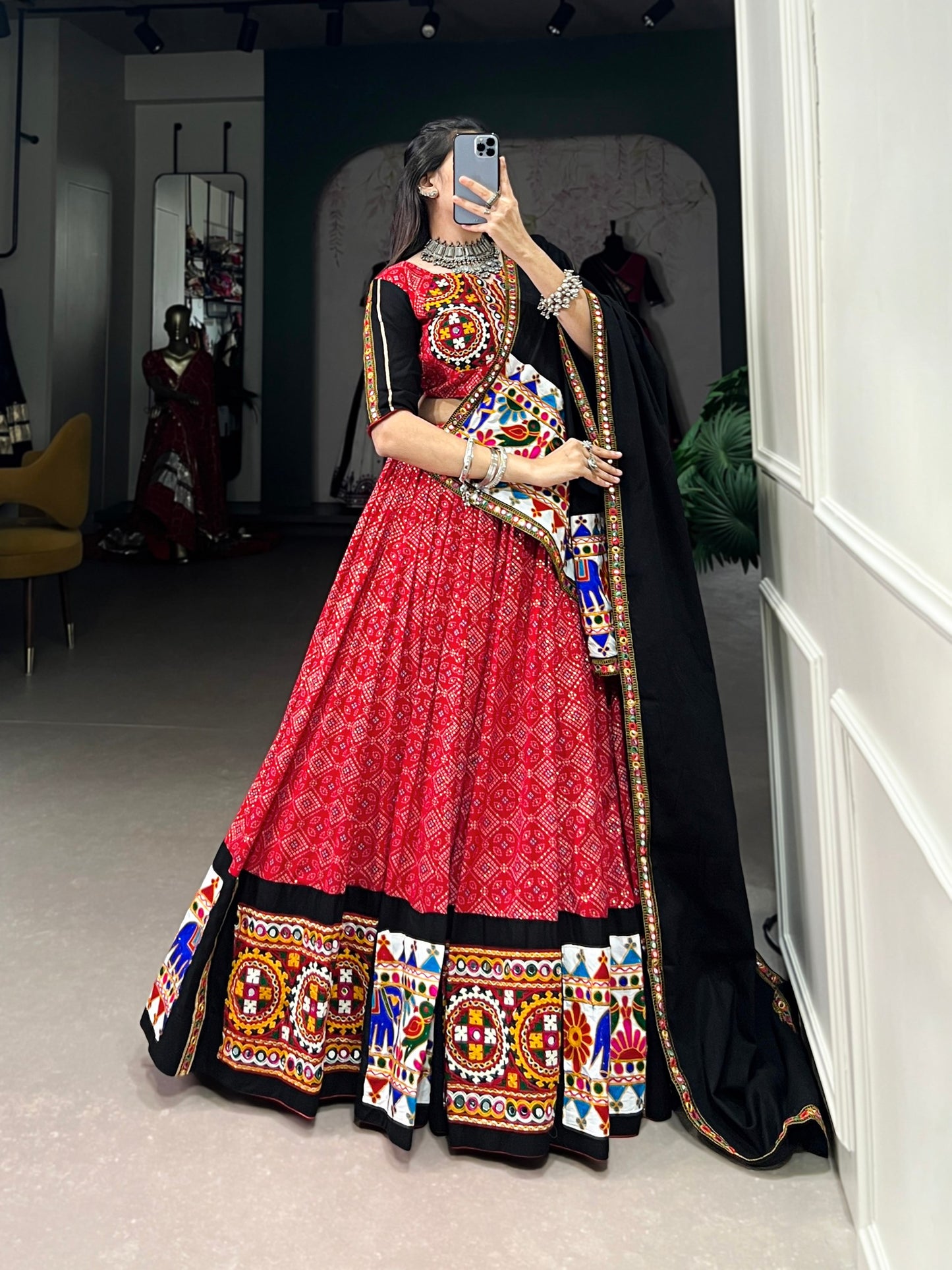 Red Pure Printed And Gamthi Work With Mirror Work Navratri Lehenga Choli