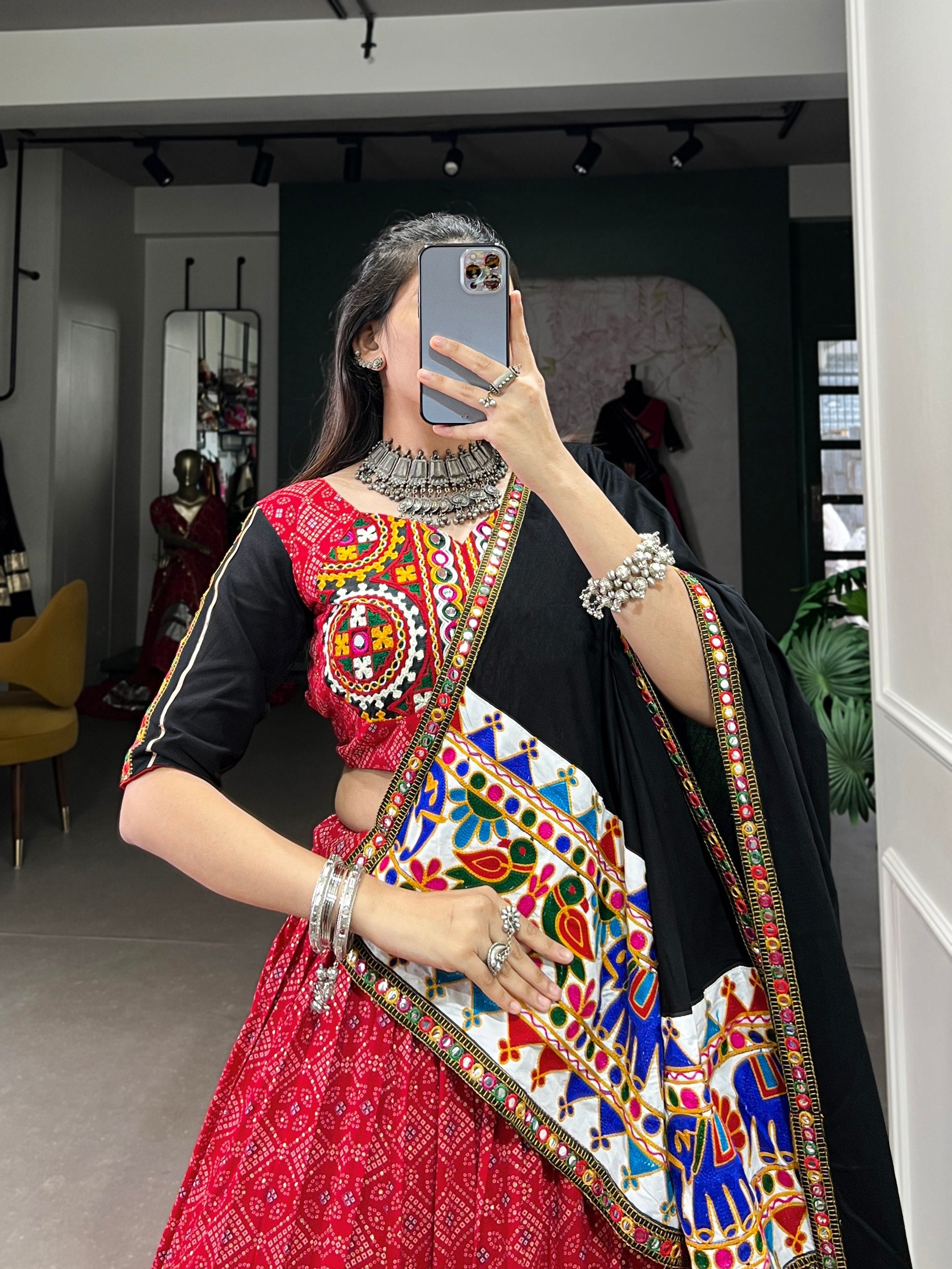 Red Pure Printed And Gamthi Work With Mirror Work Navratri Lehenga Choli
