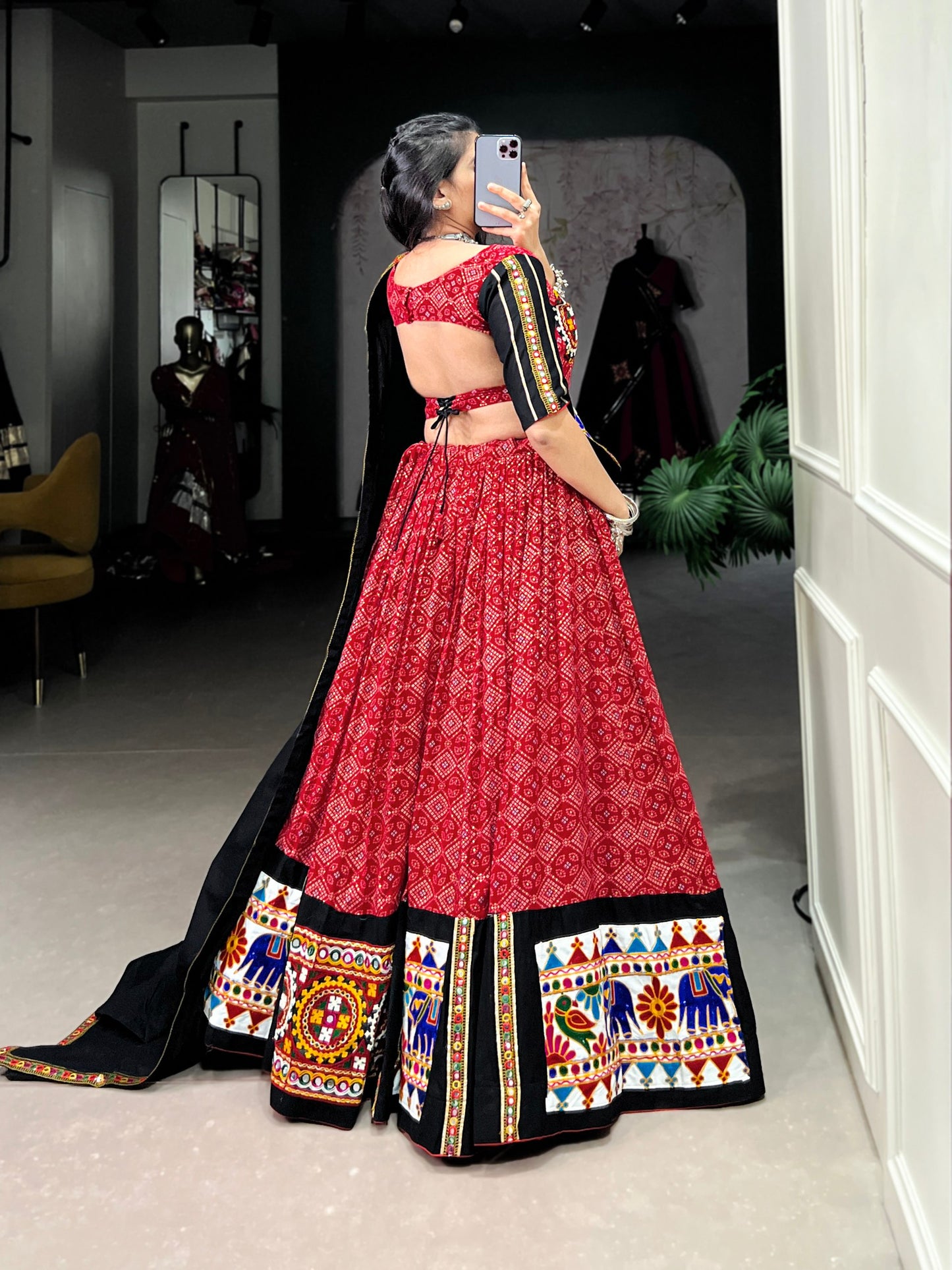 Red Pure Printed And Gamthi Work With Mirror Work Navratri Lehenga Choli