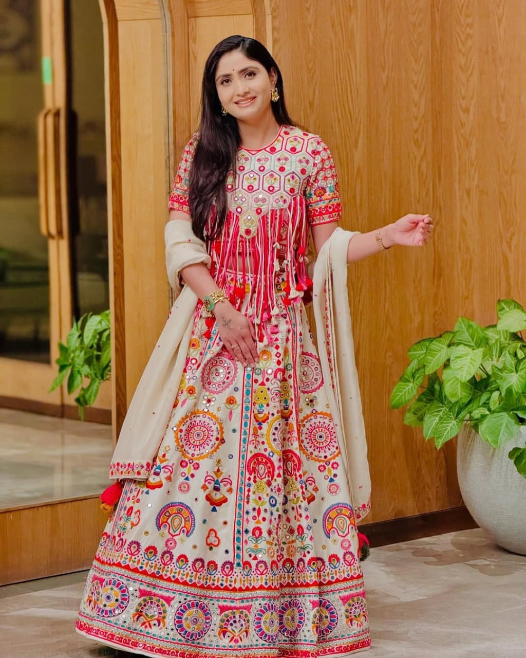 White Digital Print Real Mirror Work Navratri Lehenga Choli
