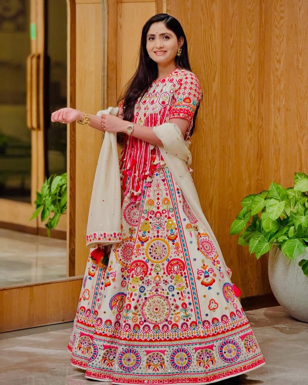 White Digital Print Real Mirror Work Navratri Lehenga Choli