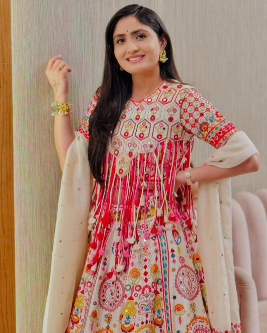 White Digital Print Real Mirror Work Navratri Lehenga Choli