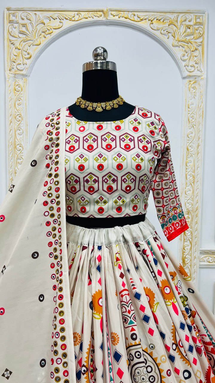 White Digital Print Real Mirror Work Navratri Lehenga Choli