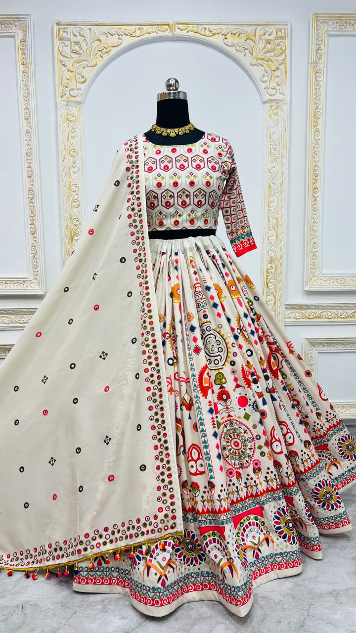 White Digital Print Real Mirror Work Navratri Lehenga Choli