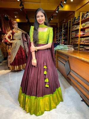 Purple parrot green Kanchi cotton kurta lehenga set