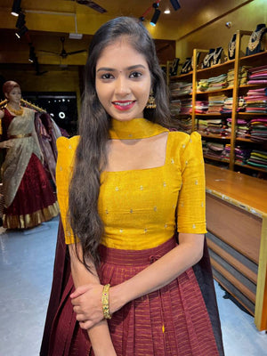 Mustard maroon half saree langa voni Kanchi cotton