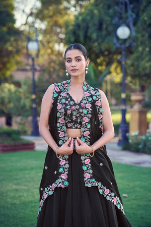 Trendy silk lehenga with multicolor floral embroidered choli