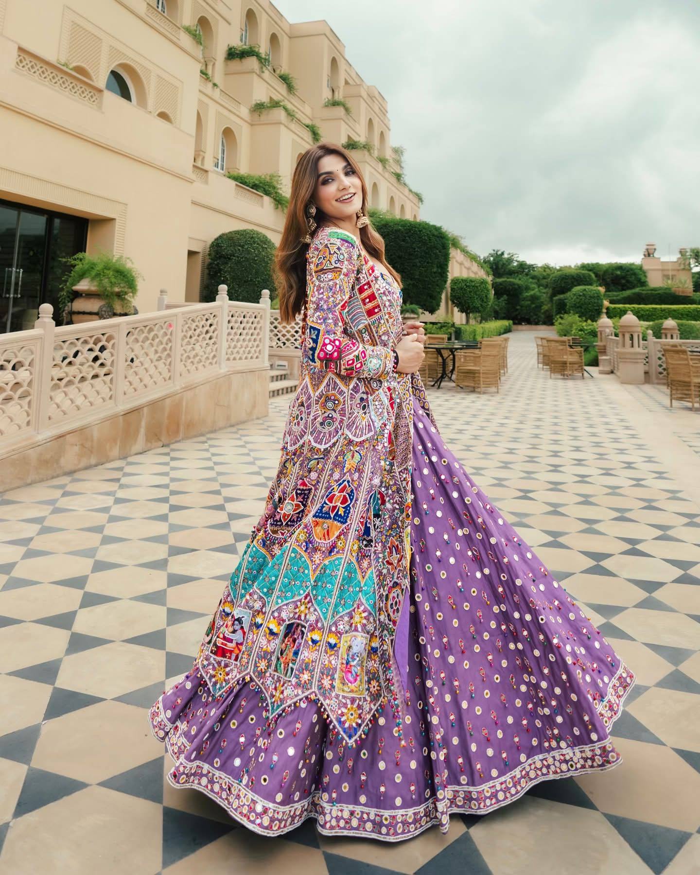 Lavender Purple Heavy Muslin Cotton Digital Print & Real Mirror Work Navratri Lehenga Choli Set