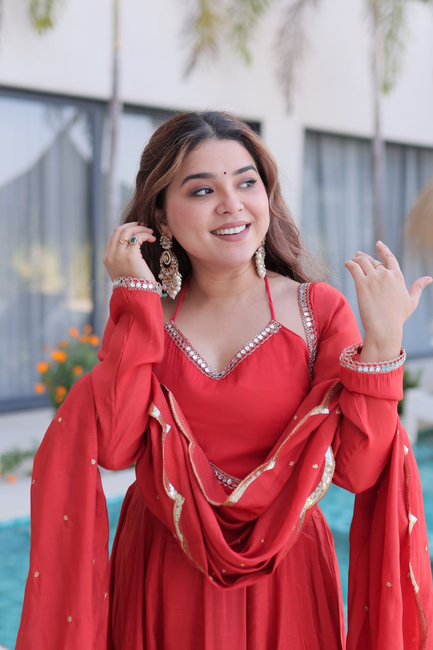 Poppy Color Mul Chanderi With Rich Mirror Lace Work Suit