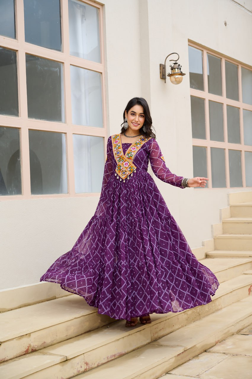 Purple Bandhani Print Work With Kutchi Patchework Navratri Gown