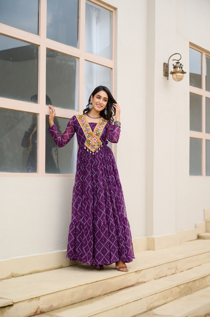 Purple Bandhani Print Work With Kutchi Patchework Navratri Gown