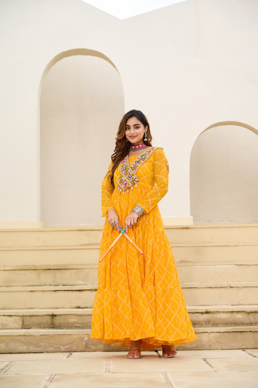 Yellow Bandhani Print Work With Kutchi Patchework Navratri Gown