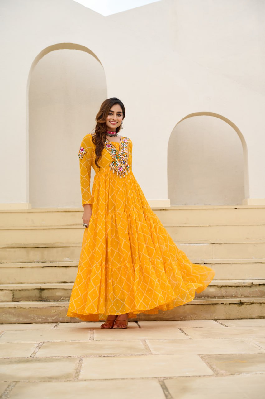Yellow Bandhani Print Work With Kutchi Patchework Navratri Gown