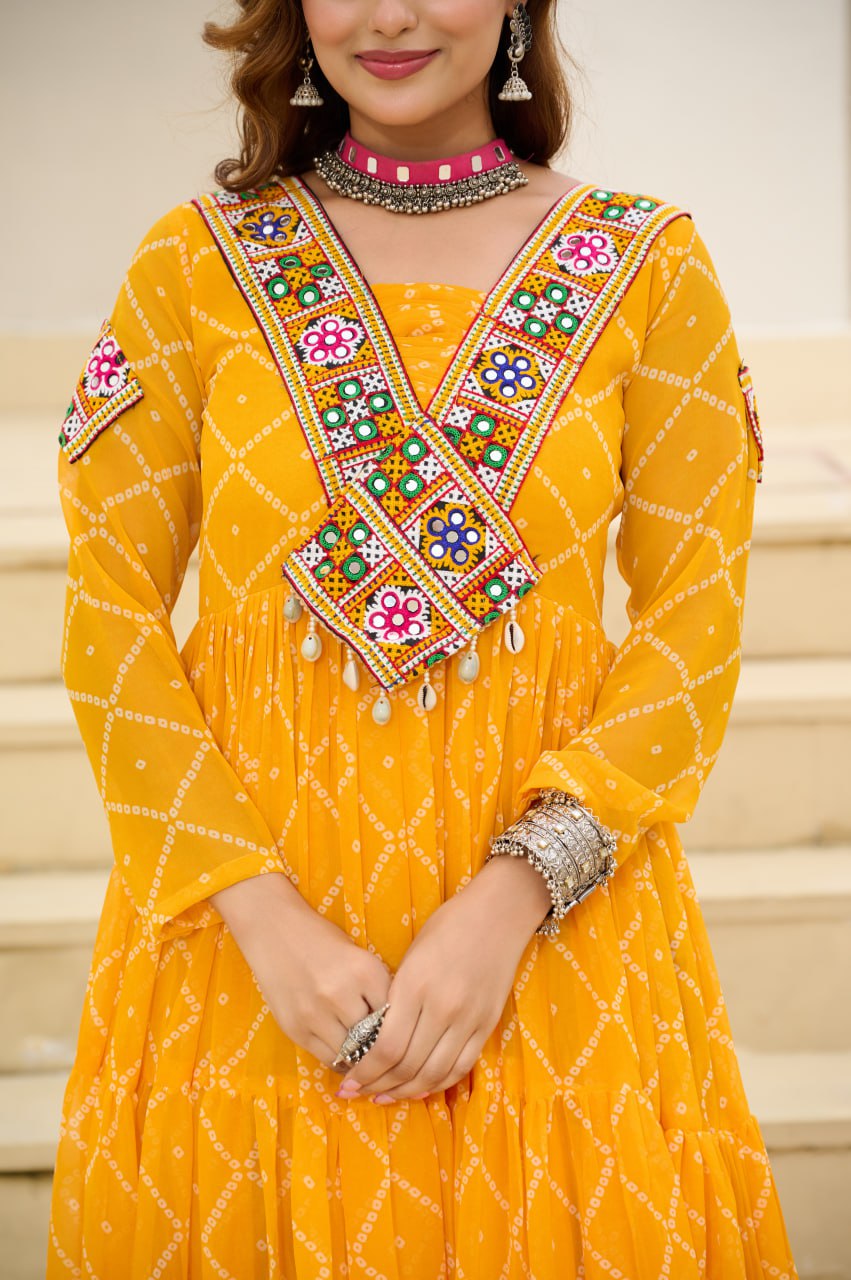 Yellow Bandhani Print Work With Kutchi Patchework Navratri Gown