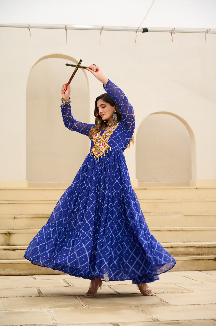 Blue Bandhani Print Work With Kutchi Patchework Navratri Gown