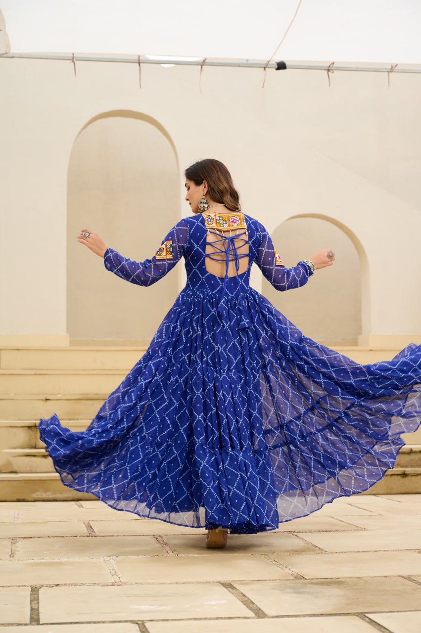 Blue Bandhani Print Work With Kutchi Patchework Navratri Gown