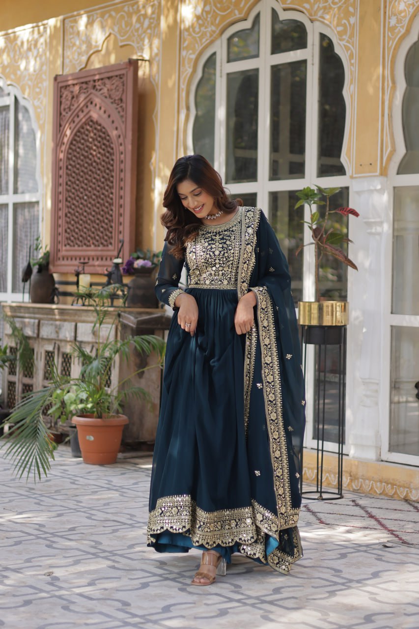 Rama Faux Blooming With Embroidery Zari Sequins Work Gown