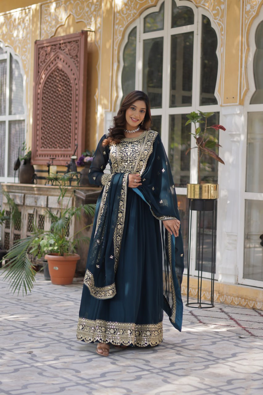 Rama Faux Blooming With Embroidery Zari Sequins Work Gown