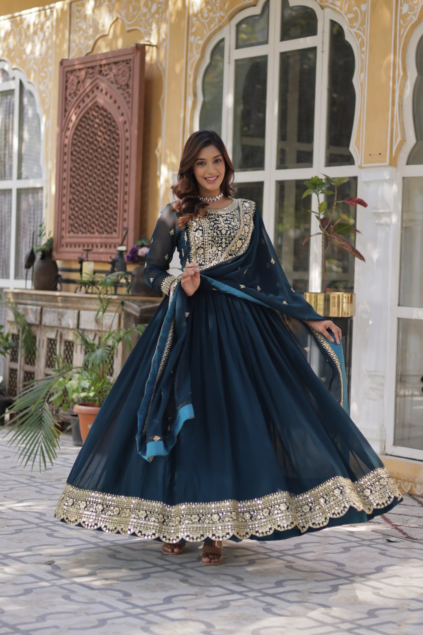Rama Faux Blooming With Embroidery Zari Sequins Work Gown