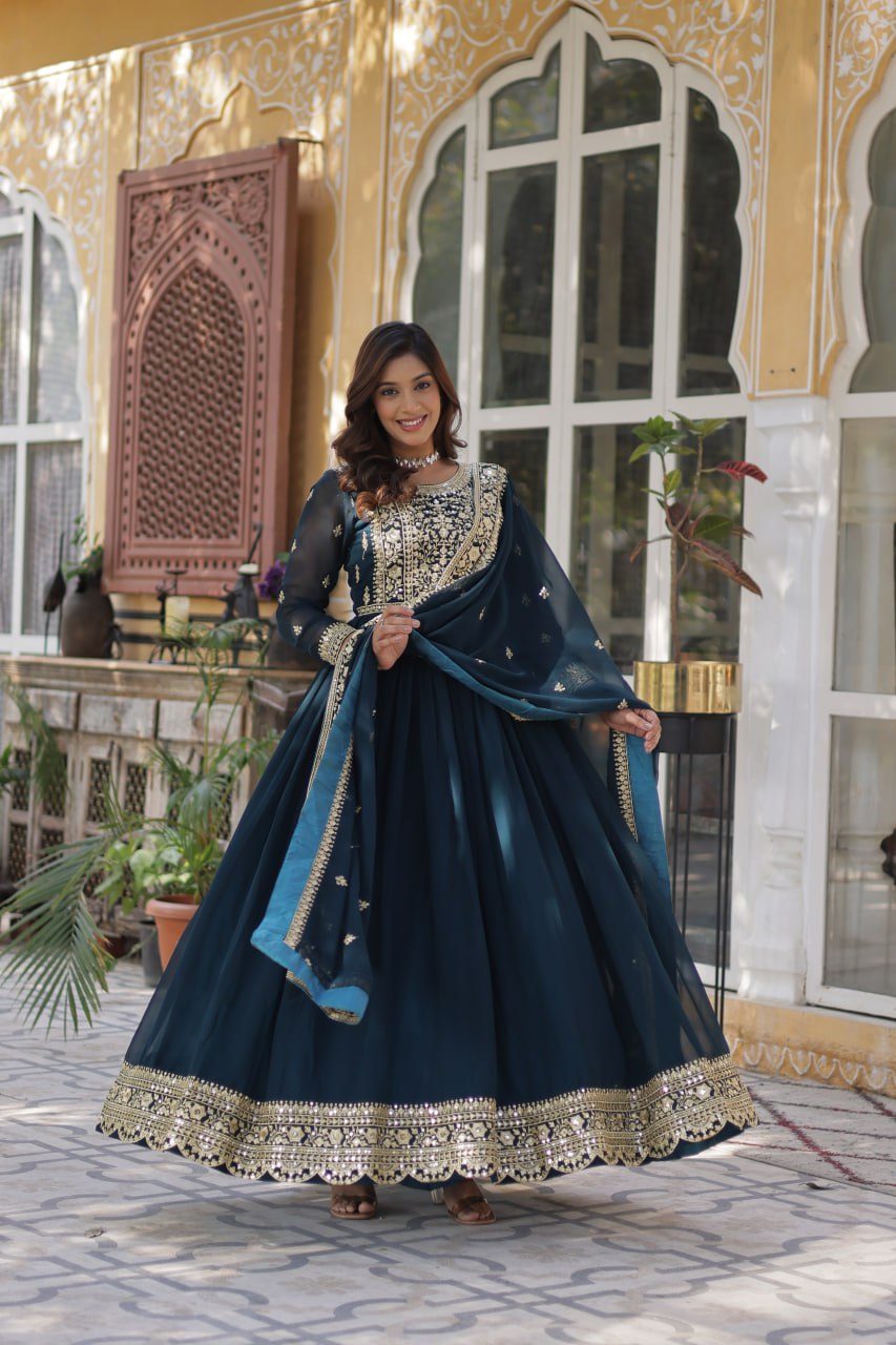 Rama Faux Blooming With Embroidery Zari Sequins Work Gown