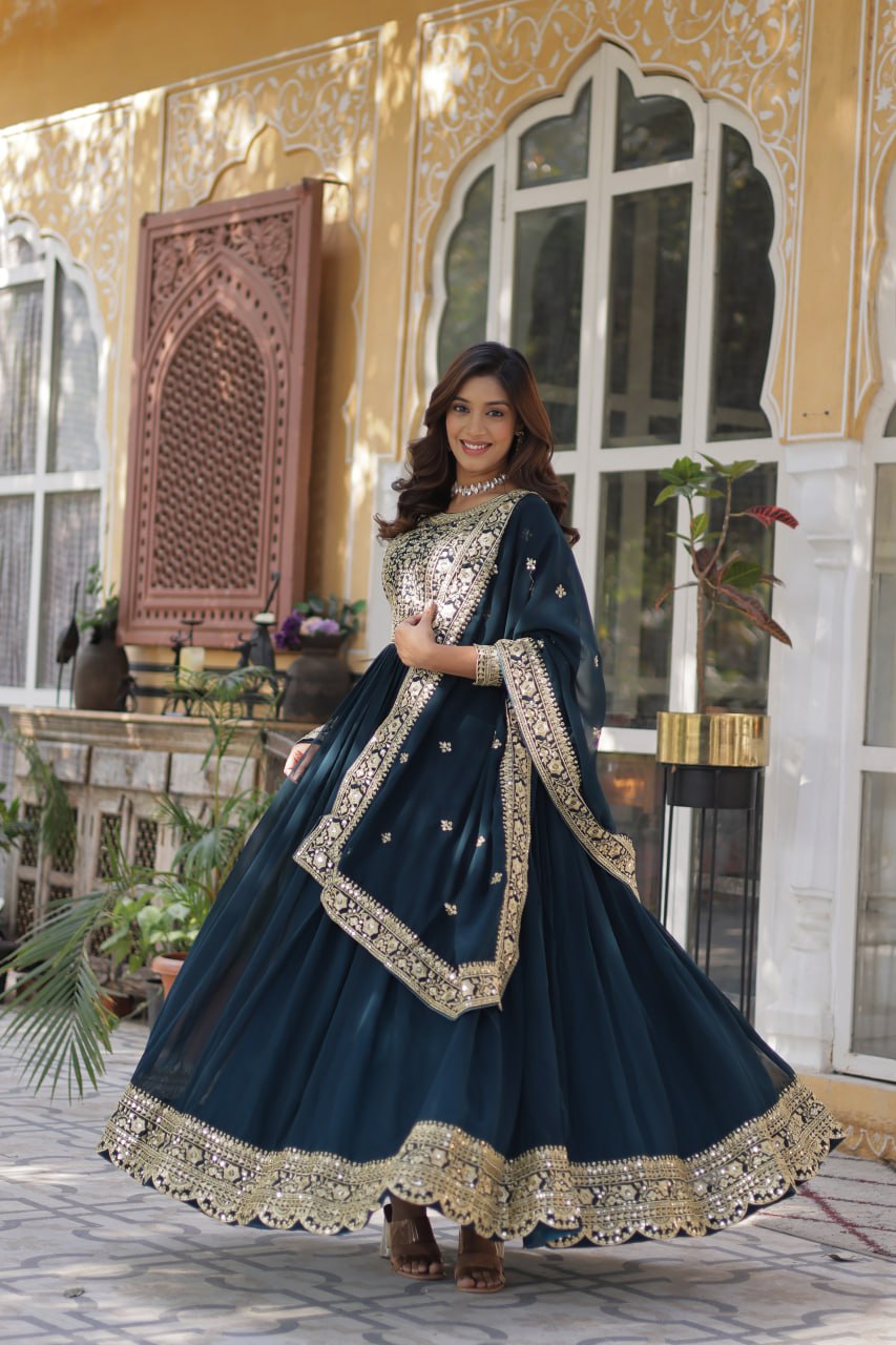 Rama Faux Blooming With Embroidery Zari Sequins Work Gown