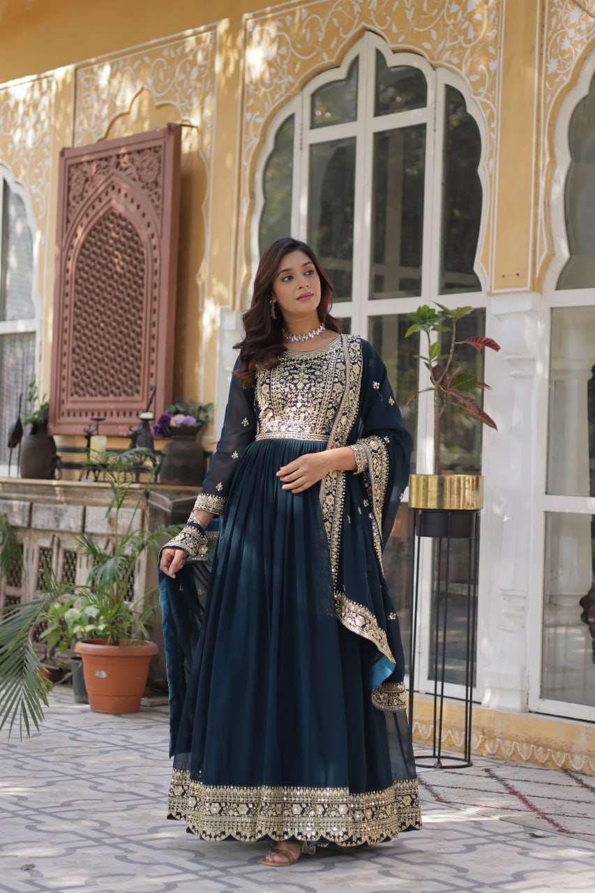 Rama Faux Blooming With Embroidery Zari Sequins Work Gown