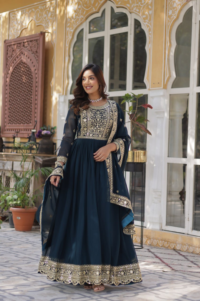 Rama Faux Blooming With Embroidery Zari Sequins Work Gown