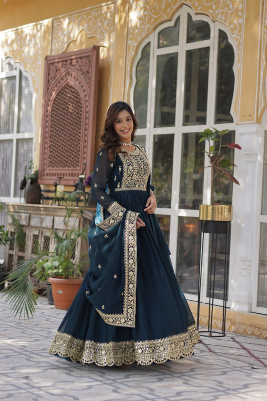 Rama Faux Blooming With Embroidery Zari Sequins Work Gown