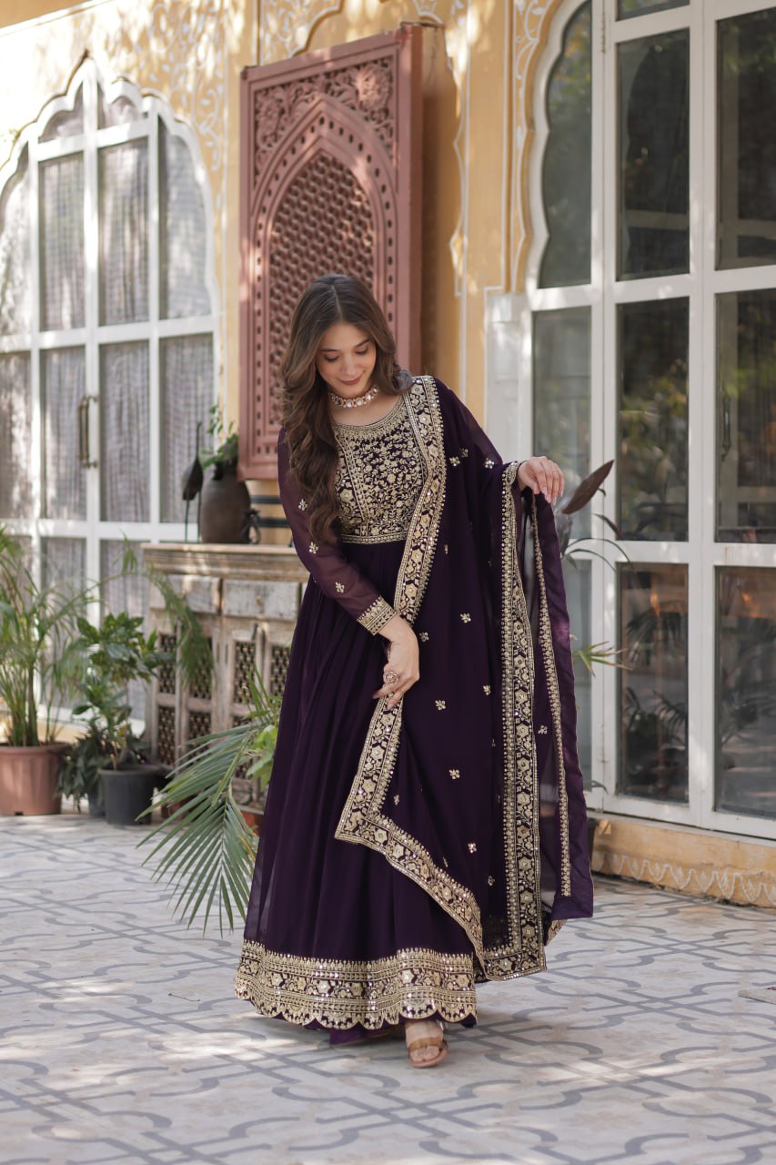 Wine Faux Blooming With Embroidery Zari Sequins Work Gown