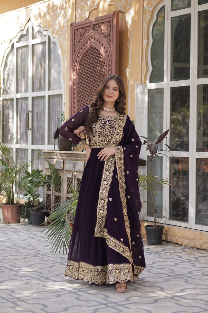 Wine Faux Blooming With Embroidery Zari Sequins Work Gown