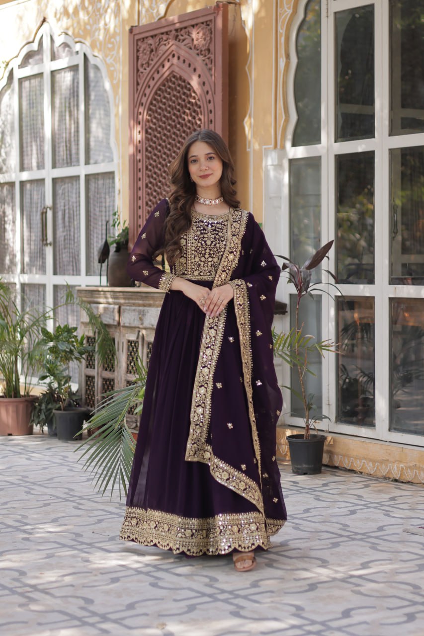 Wine Faux Blooming With Embroidery Zari Sequins Work Gown