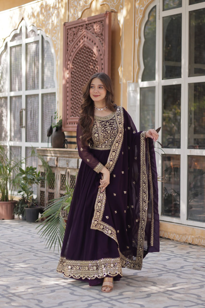 Wine Faux Blooming With Embroidery Zari Sequins Work Gown