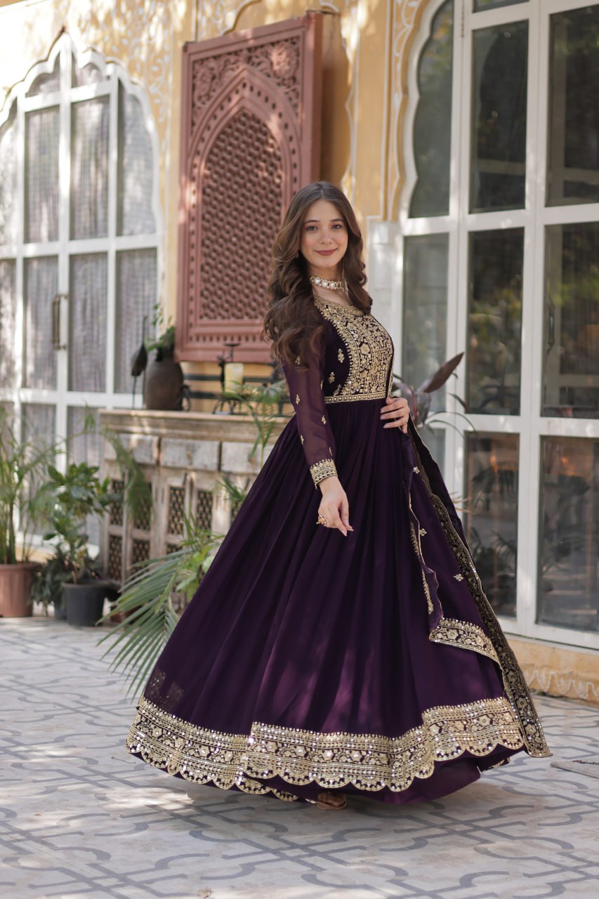 Wine Faux Blooming With Embroidery Zari Sequins Work Gown