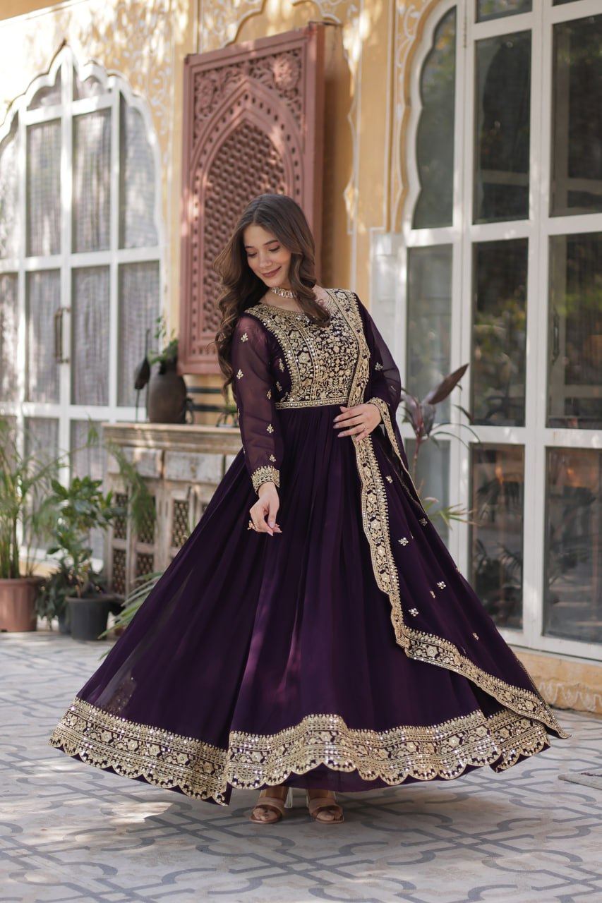 Wine Faux Blooming With Embroidery Zari Sequins Work Gown