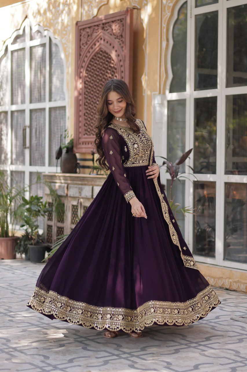 Wine Faux Blooming With Embroidery Zari Sequins Work Gown