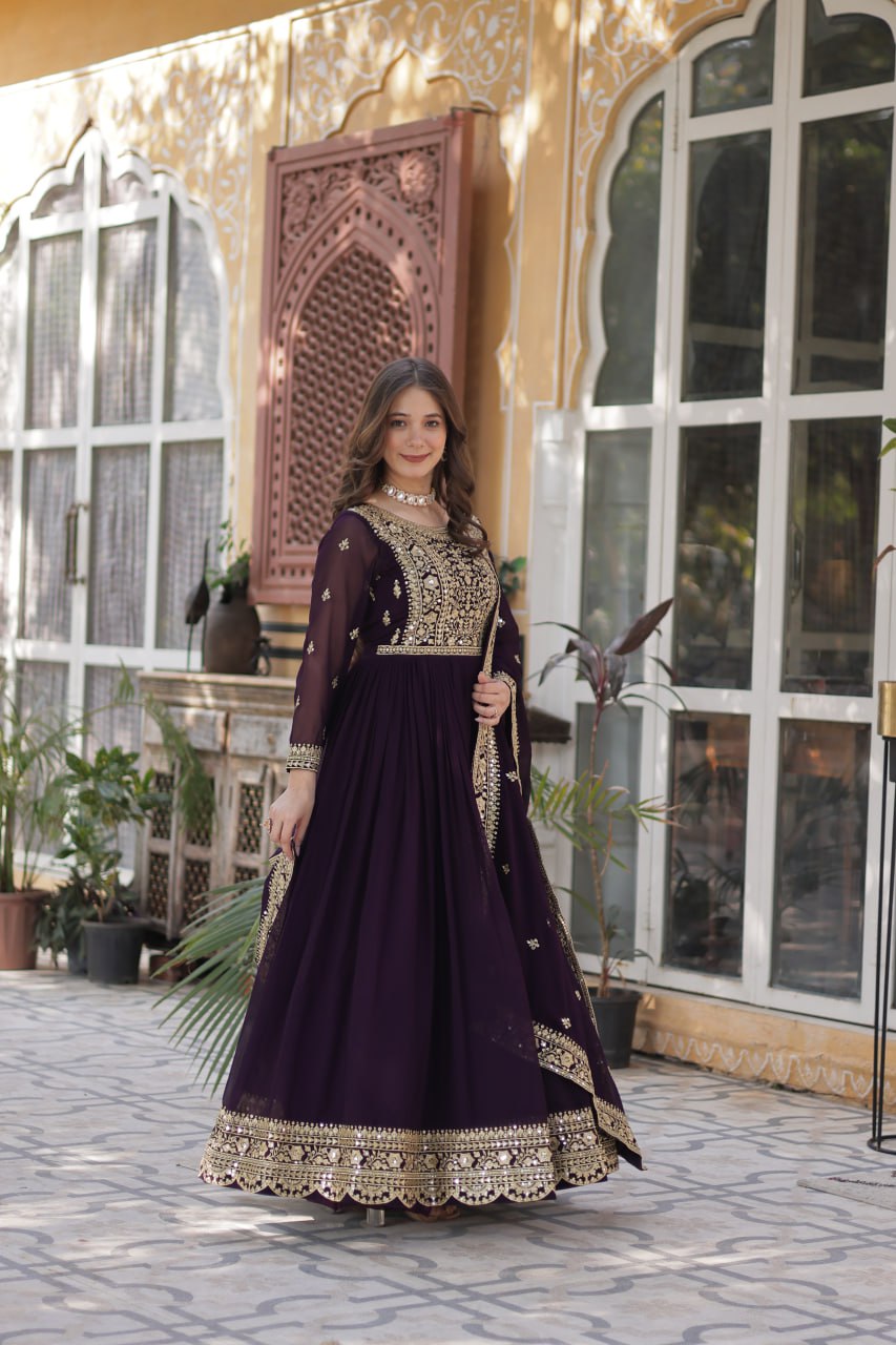 Wine Faux Blooming With Embroidery Zari Sequins Work Gown