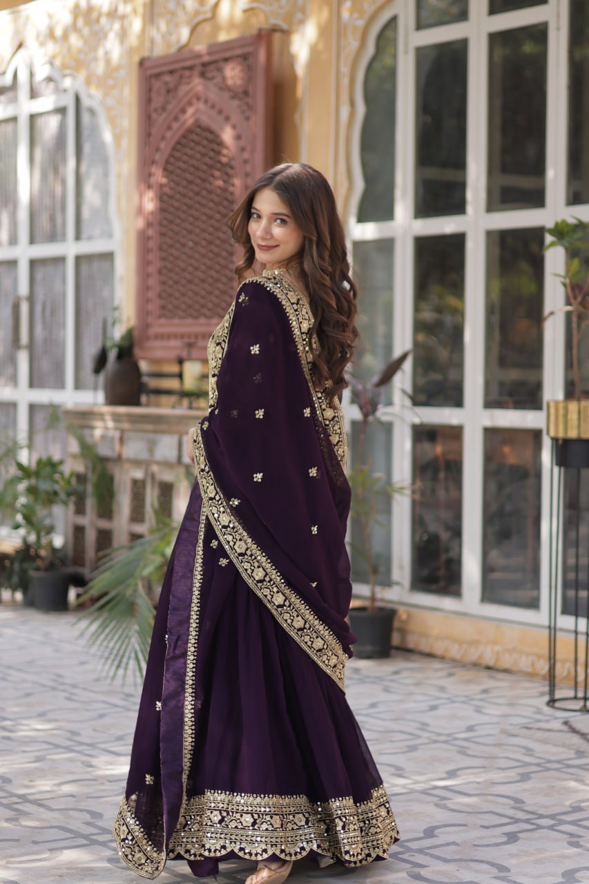 Wine Faux Blooming With Embroidery Zari Sequins Work Gown